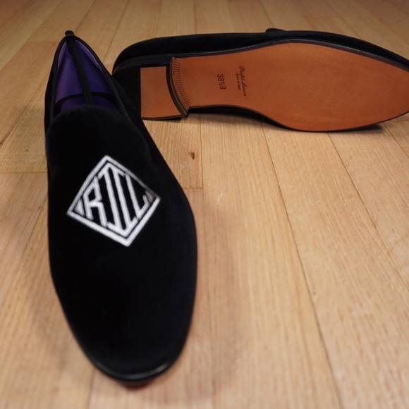 Ralph Lauren Purple Label Alonzo Deco Slipper Black Size 8B Velvet Brand New